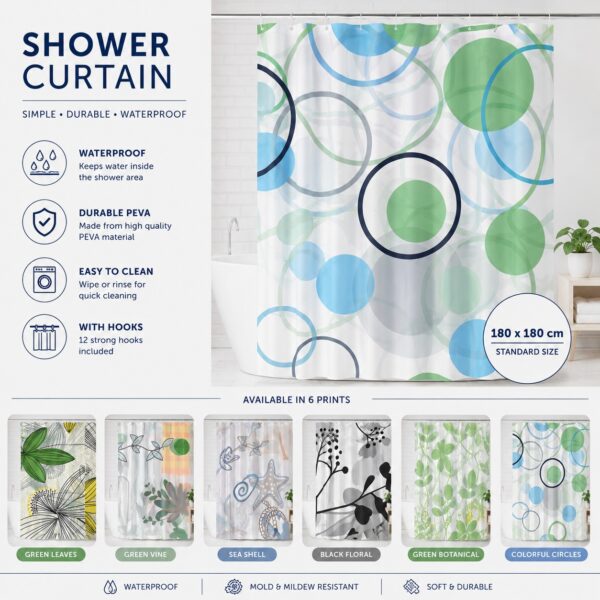 WhatsApp Image 2026-07-17 at 4.36.24 PM (2) Waterproof PEVA Printed Shower Curtain with Hooks – 180 x 180 cm (Colorful Circles Design)