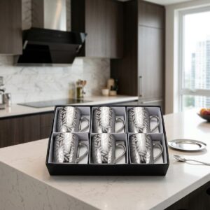 Elegant Silver Coffee Mug Set – 6-Piece Leaf Pattern Tea & Coffee Cups
