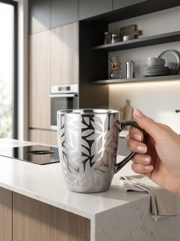 4.1 Elegant Silver Coffee Mug Set – 6-Piece Leaf Pattern Tea & Coffee Cups